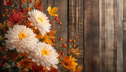 Wall Mural - Autumnal Display of Chrysanthemums on Rustic Wooden Surface with Ample Copy Space for Personal Touches