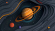 © Odisdca - Un fondo gris oscuro con los planetas de nuestro sistema solar representados en un estilo de recorte de papel. El planeta Saturno está centrado y tiene sus anillos completamente visibles.