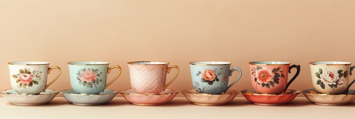 Canvas Print - Seamless pattern of vintage teacups and saucers in delicate floral designs arranged on a light pastel background