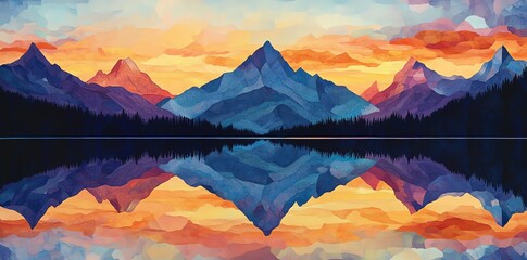 Wall Mural - A colorful abstract depiction of a mountain range reflected in a still lake with a sunrise sky.