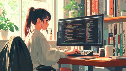 Woman Coding at Desk with Bookshelf and Computer