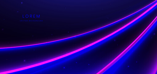 Wall Mural - Abstract technology futuristic glowing neon blue and pink light lines with speed motion moving on dark blue background with lighting effect.