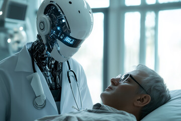 Wall Mural - robot doctor is examining a woman. The robot is white and has a blue face. The woman is lying on a bed