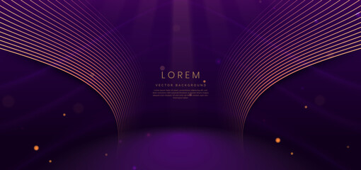 Poster - Luxury curved golden lines on dark purple background with lighting effect copy space for text.