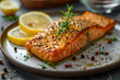 © Chanistha - Cooked salmon fillet with crispy skin and lemon slice generative ai