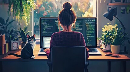 Woman Coding at Home with Cat and Plants