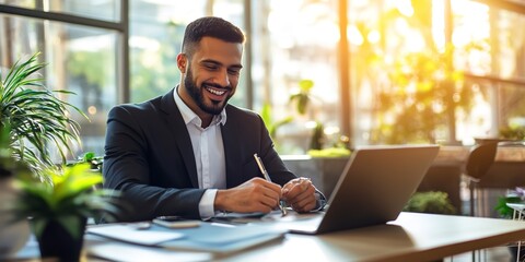 Wall Mural - Businessman working with smartphone, tablet and laptop computer on table in office. 