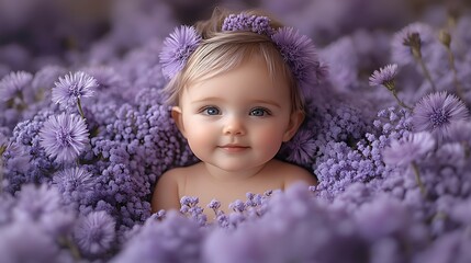 Canvas Print - A cute baby girl with blonde hair and blue eyes is surrounded by purple flowers.