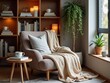 © yarku20 - Cozy reading nook with a plush armchair, soft blanket, and warm lighting, creating an inviting atmosphere for relaxation and leisure in a beautifully styled home library full of books and plants