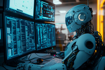 robot is sitting in front of a computer monitor with a blue screen. The robot is wearing a helmet and has a white body. The robot appears to be working on a computer