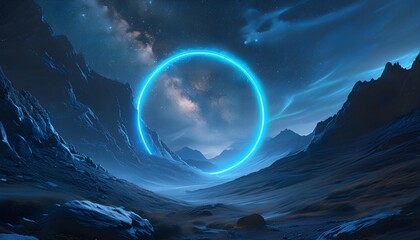 Wall Mural - Celestial Scene of Swirling Blue Neon Ring Above Rugged Mountains Beneath a Captivating Starlit Sky