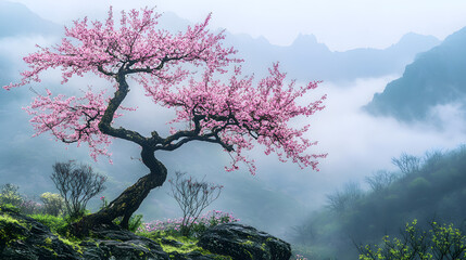 Beautiful vector illustration of a cherry blossom tree in full bloom against a vibrant spring sky, perfect for nature-inspired art and design projects