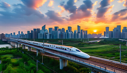 Experience the beauty of urban prosperity and speed as intercity trains cruise through Hangzhou's modern skyline