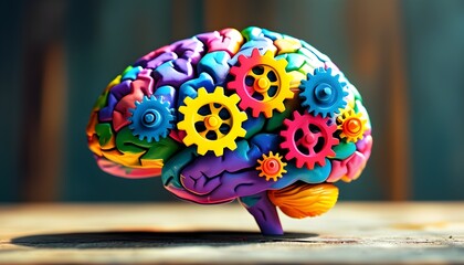 Wall Mural - Vibrant brain adorned with colorful gears representing innovative thinking, creativity, and intelligent problem-solving concepts