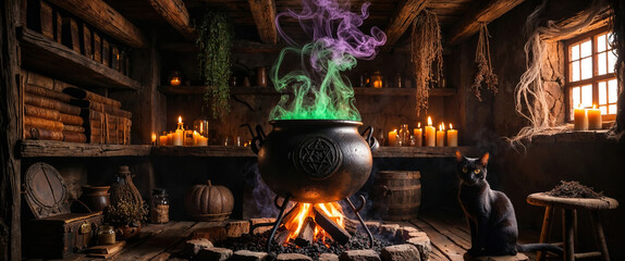 Black magic potion boiling in cauldron in a scary witch hut with a black cat looking at the camera