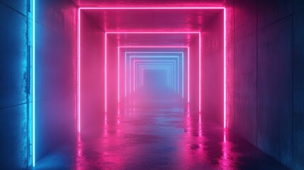 Sticker - A long, narrow hallway lined with bright pink and blue neon lights.