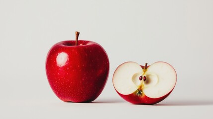 A vibrant red apple beside a sliced apple, showcasing its juicy interior and seeds against a minimalistic background.