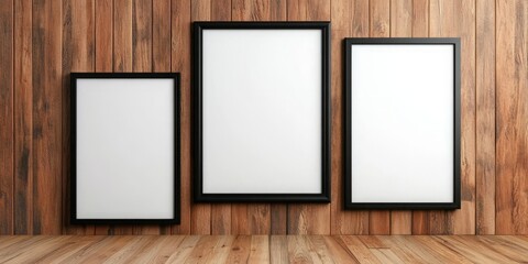 Three blank frames hang against a wooden wall, offering a minimalist backdrop for a gallery or home decor display.