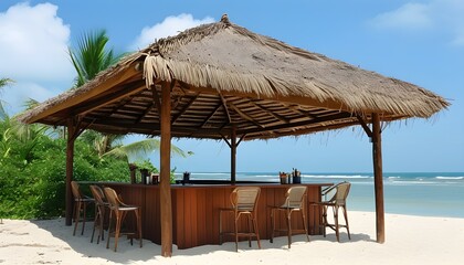 Wall Mural - Tropical Beach Bar with Thatched Roof, Isolated Amidst Crystal Clear Waters