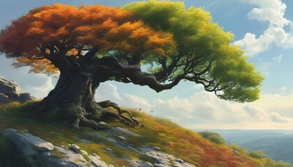 Wall Mural - Enchanted realm featuring a whimsical tree of longing and desires amidst a vibrant landscape