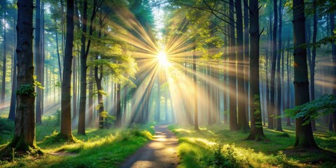 Poster - Enchanting beam of light shining through the trees in a magical forest