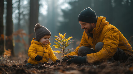 Father teaching his son to respect nature and to care about a green future planting a tree in the forest 