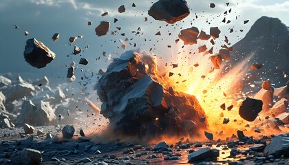 Wall Mural - Dynamic explosion of rocks illustrating powerful energy release and destruction, showcasing geology in motion with scattered debris and raw force.