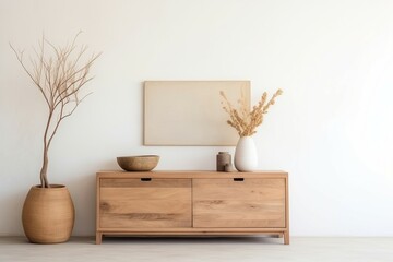 A wooden cabinet with two vases on top of it