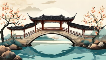 Wall Mural - Charming Chinese Style Illustrations of Ancient Bridge Verandah and Traditional Building Designs