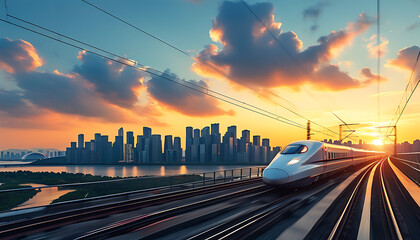 Hangzhou City Skyline with Intercity Train Dynamic Scene