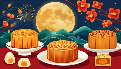 Celebration of Mid-Autumn Festival with traditional mooncakes and modern ice heart mooncake illustrations