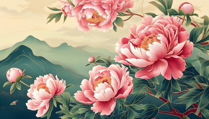 Poster - Vibrant Illustration of Blooming Peony Flowers in a Trendy Landscape Setting