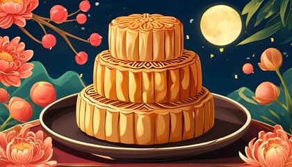 Wall Mural - Celebration of Mid-Autumn Festival with traditional mooncakes and modern ice heart mooncake illustrations