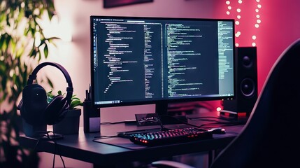 Wall Mural - a computer setup with code on the screen, representing learning python for data engineering. main ob