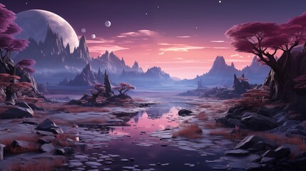 Wall Mural - Fantasy landscape with sandy glaciers and purple crystal.