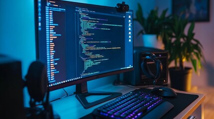 Wall Mural - a computer setup with code on the screen, representing learning python for data engineering. main ob