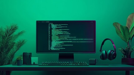 Wall Mural - a computer setup with code on the screen, representing learning python for data engineering. main ob