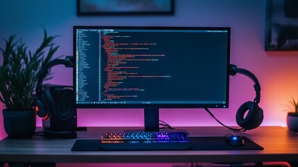 Wall Mural - a computer setup with code on the screen, representing learning python for data engineering. main ob