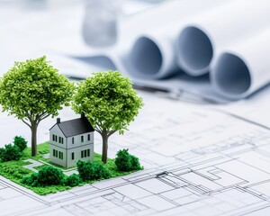 Aufkleber - Model house with trees on architectural plans
