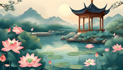 Wall Mural - Serene Chinese Summer Landscape with Lotus Blooming in Tranquil Pond