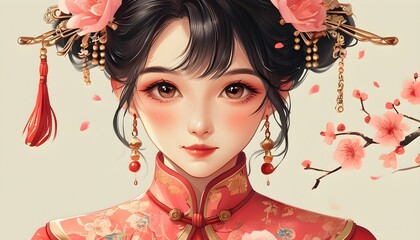 Wall Mural - Charming Chinese Style Cartoon Girl in Festival Aesthetic Illustration