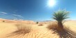 © Kind Bee Studio - A lone palm tree stands tall in a vast desert landscape, surrounded by sand dunes and a clear blue sky with a bright sun shining overhead.