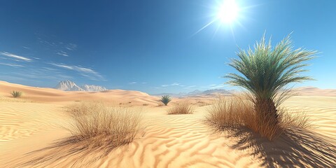 A lone palm tree stands tall in a vast desert landscape, surrounded by sand dunes and a clear blue sky with a bright sun shining overhead.