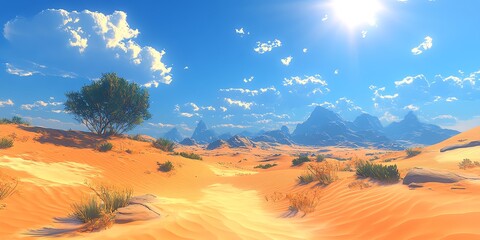 A lone tree stands in a vast desert landscape under a bright blue sky with fluffy clouds, and mountains in the distance.