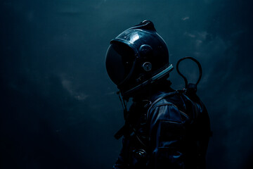 astronaut in a black space suit on a dark background