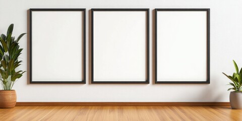 Three blank picture frames hang on a white wall, flanked by potted plants, providing a minimalist backdrop for showcasing artwork or personal photos.