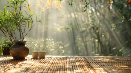 Wall Mural - Enchanting bamboo forest bathed in ethereal sunlight creating a serene and peaceful atmosphere  The lush verdant foliage and the warm