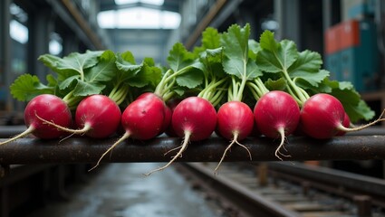 Fresh red radishes on factory conveyor belt vibrant against industrial backdrop