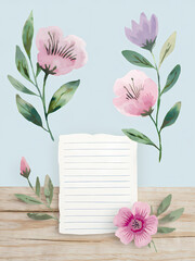 Wall Mural - pink rose on a wooden background,stationery, lined page notepad 