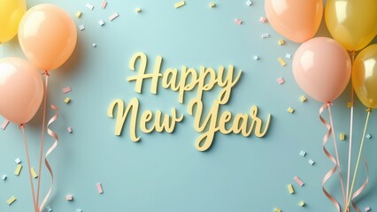 This festive image showcases a 'Happy New Year' message surrounded by colorful balloons and confetti on a light pastel background, bringing joy and excitement to the celebration.